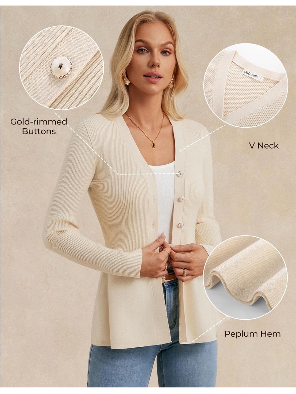 Cream Ribbed V-Neck Button Front Peplum Cardigan - Picture 3 of 6